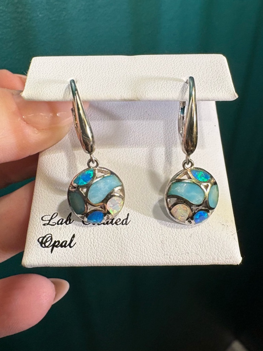 Silver Blue Opal Drop Earrings - Lab Created Opal